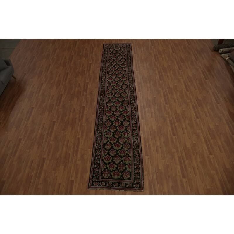 Hand Knotted Oriental 100% Wool Carpet Traditional Floral Black Karabagh Runner Rug - 17' 11'' X 3' 5''