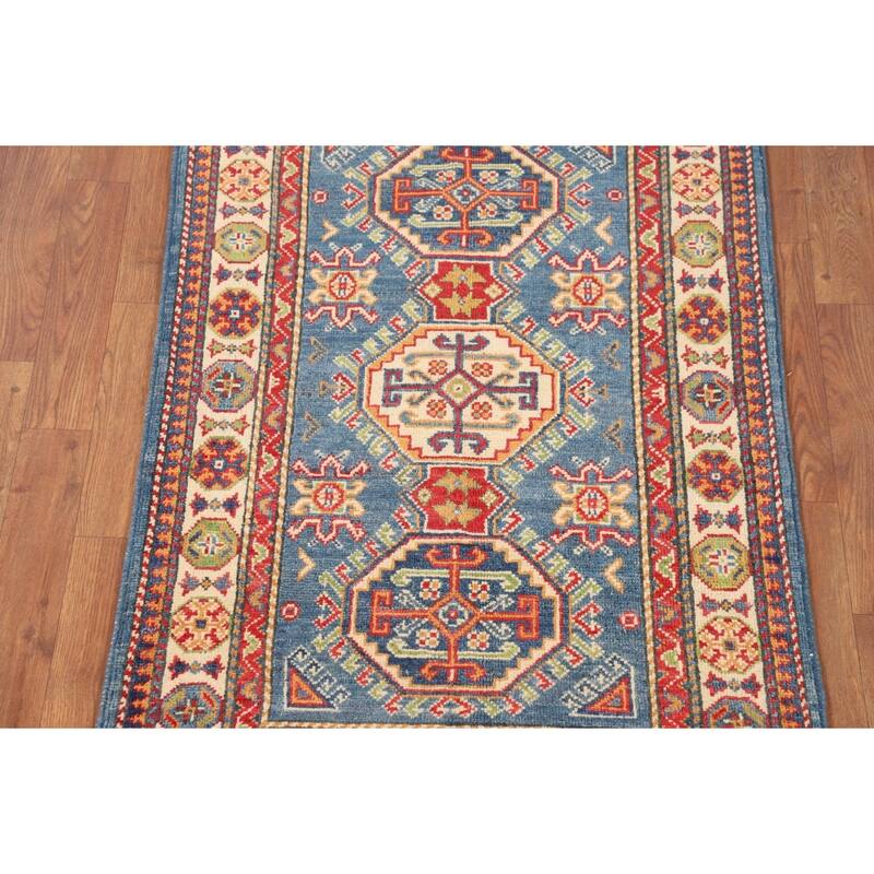 Blue Geometric Kazak Foyer Rug Handmade Bedroom Wool Carpet - 2'7" x 4'1"