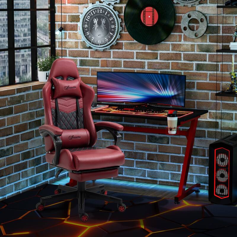 PU Leather Office Game Chair High Back Swivel Recliner with Footrest Lumbar Support, Height Adjustable, for Home Office