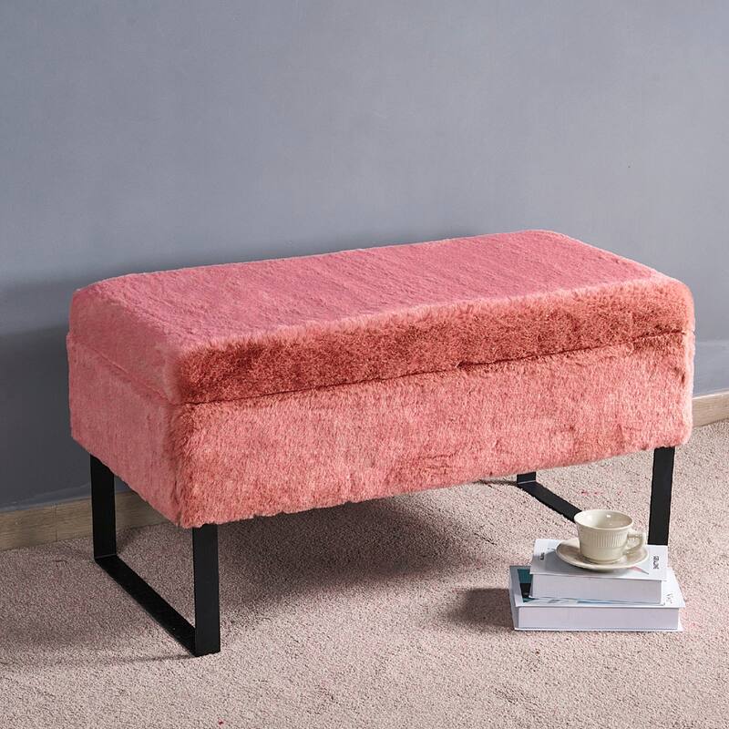 Heavy FauxFur Storage Ottoman with 2 Pillow Set