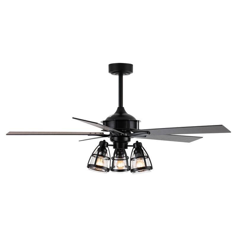 52" Industrial Matte Black Wood 3-Light Glass Ceiling Fan Chandelier with Remote