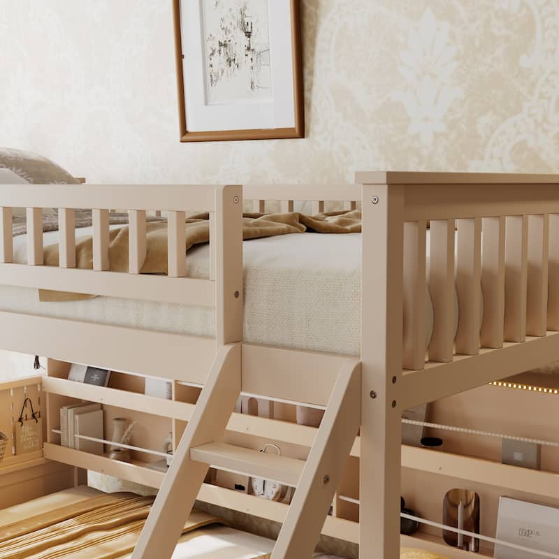 Full XL over Queen/Full over Full Bunk Bed with Integrated Shelving, Color-Changing Lights & Pegboard