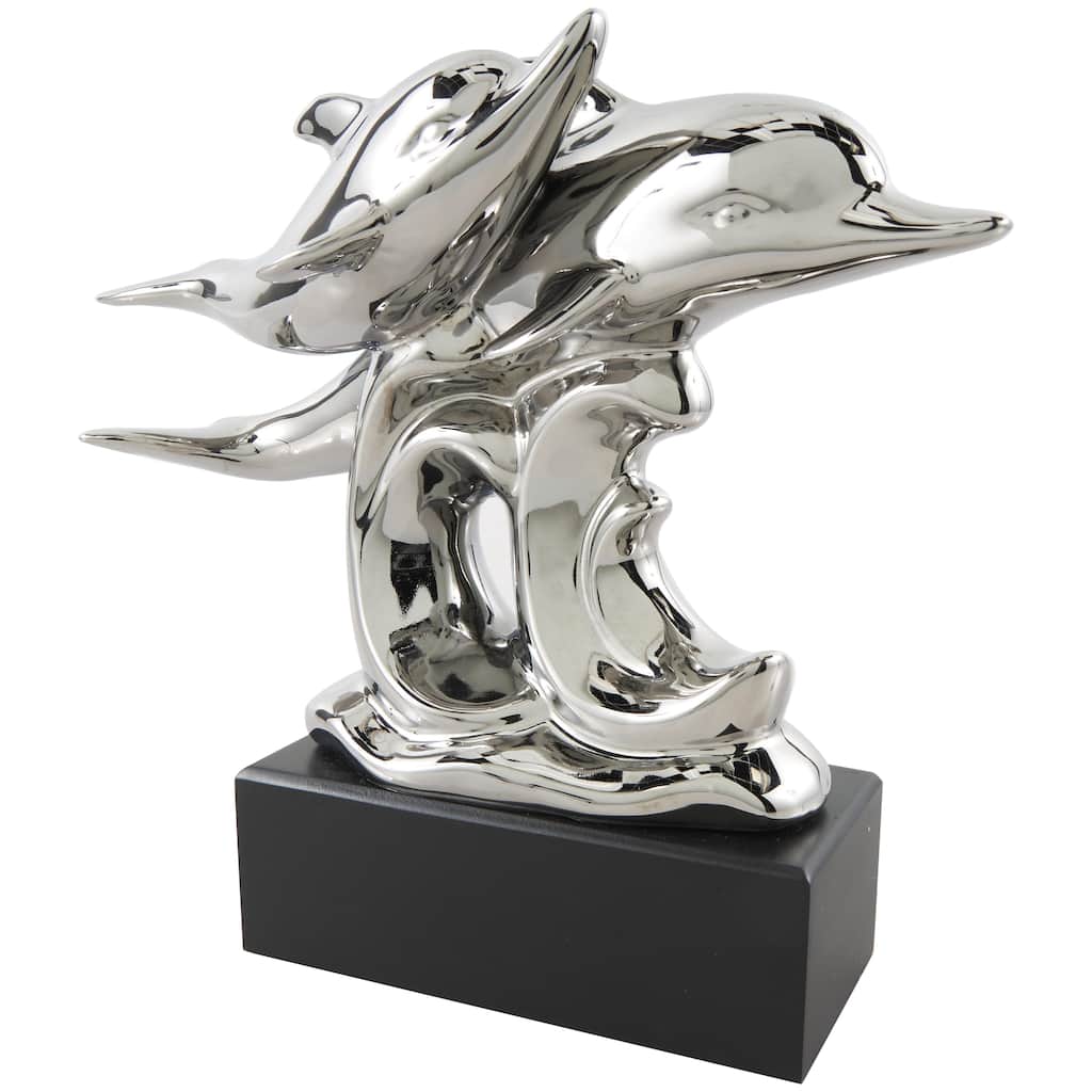 Ceramic Animal Decorative Sculpture with Black Block Base - Silver - Roche River Decor
