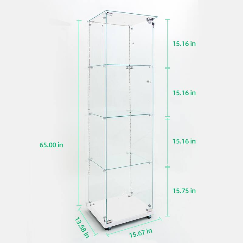 Tempered Glass Display Cabinet with Bluetooth LED Lights, Lockable Doors, Storage Shelves and Casters