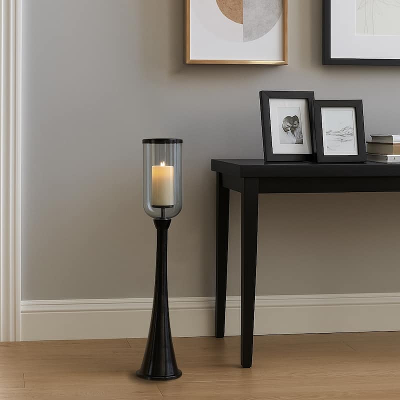 Modern Metal and Glass Floor Candle Stand for Pillar Candles - 34.0" - Black