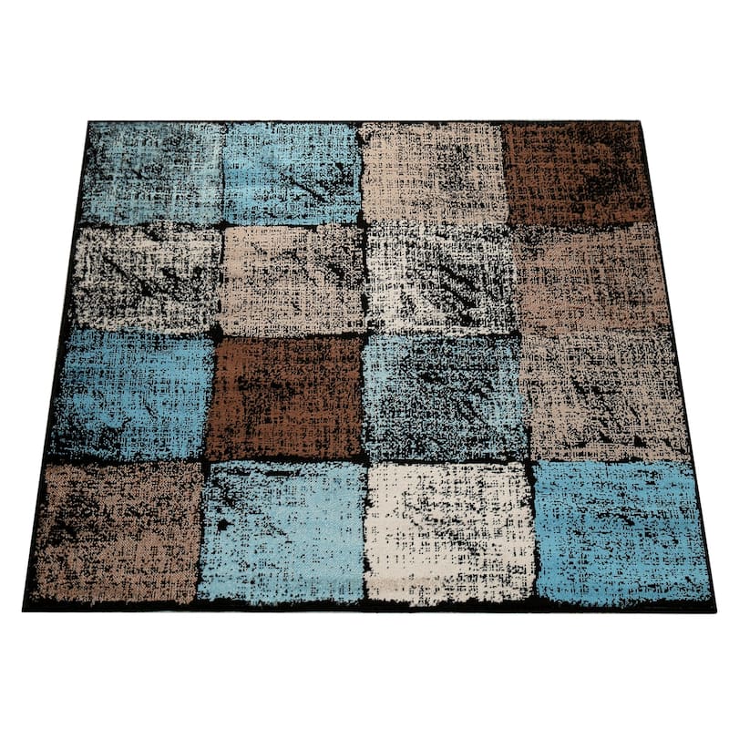 Modern Area Rug For Living Room In Brown Cream Blue Checked