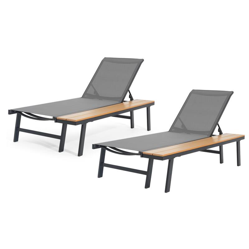 Roomfitters Waterloo Outdoor Aluminum Chaise Lounge with Attached Wood Side Table and Mesh Seat, Black - Black+Grey,Natural (Set of 2)
