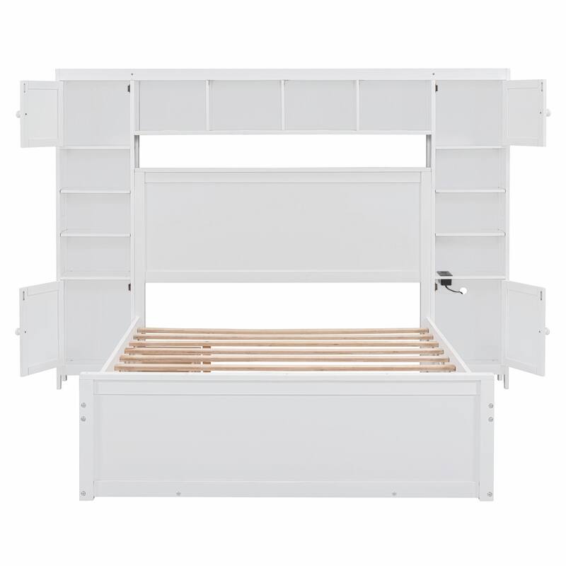 Wooden Bed with Built-in Cabinet, Shelf, and Sockets