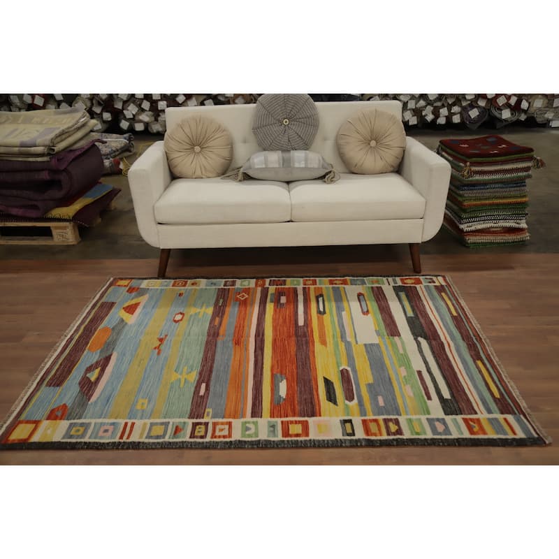 Hand Woven Oriental 100% Wool Carpet Southwestern Tribal Multi-Colored Kilim Area Rug - 6' 1'' X 4' 3''