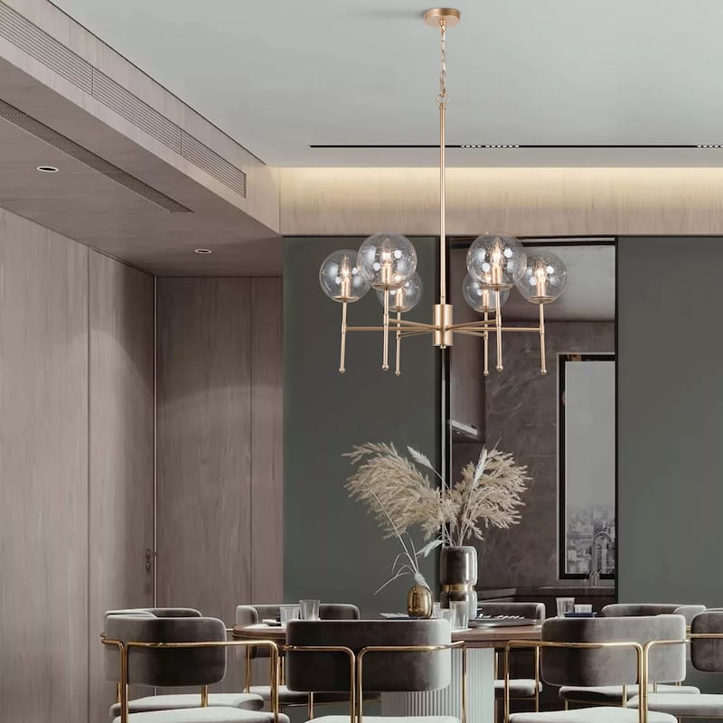 Koini Mid-century Modern 6-light Orb Glass Chandelier Wheel Hanging Lights for Dining Room - D26'' x H90''