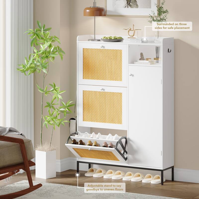 Rattan Shoe Cabinet with 3 Flip Drawers and 4-Tier