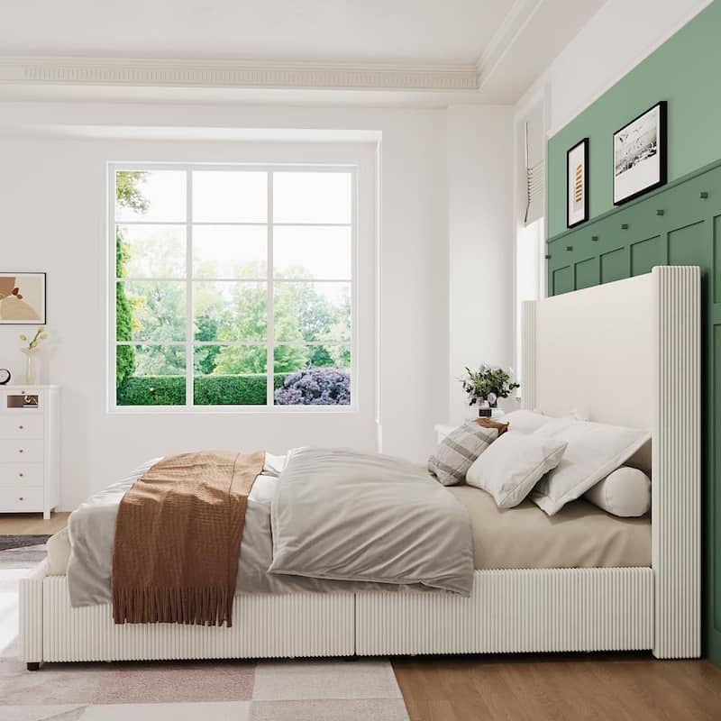 Upholstered Platform Bed Frame with Storage Drawers and Tufted Wingback Headboard, Easy Assembly