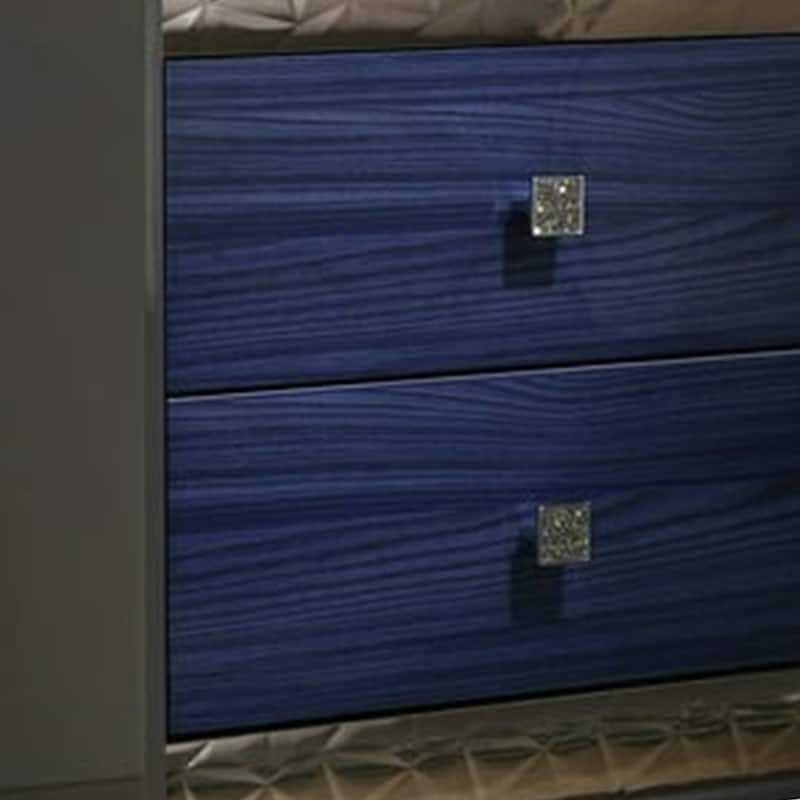 Zara Nightstand w 2 Drawers, Crystal Knobs, Ash Gray, Indigo Blue Wood