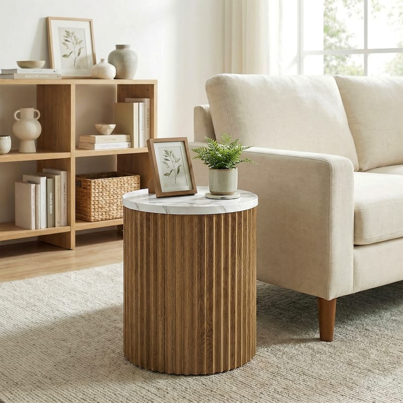 Round Fluted Side Table, Small End Table with Faux Marble Tabletop and Drum Pedestal