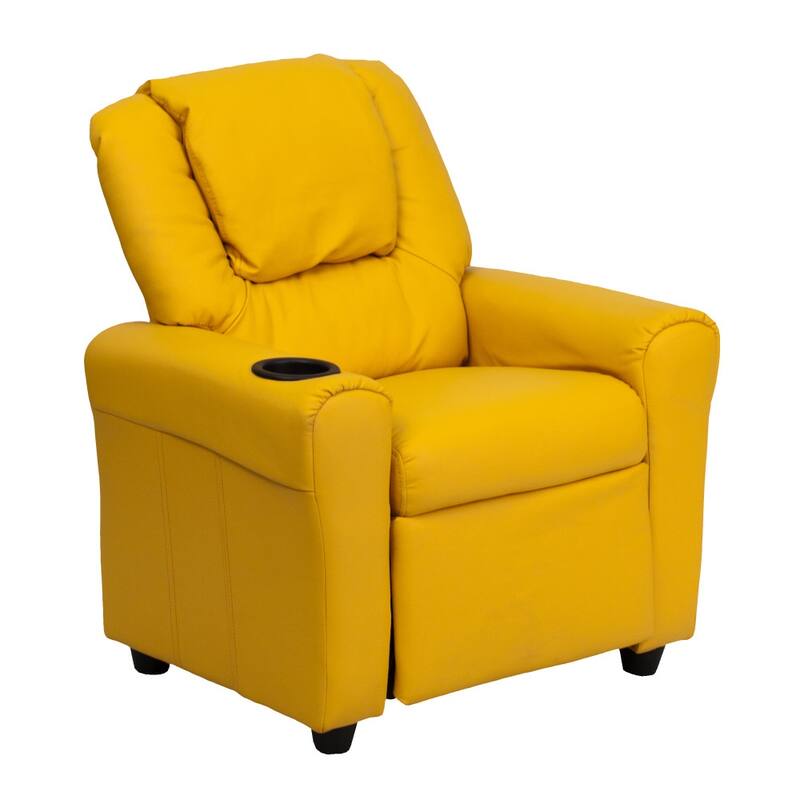 Contemporary Kids Recliner with Cup Holder and Headrest - 24"W x 21.5" - 36.5"D x 27"H - Yellow Vinyl