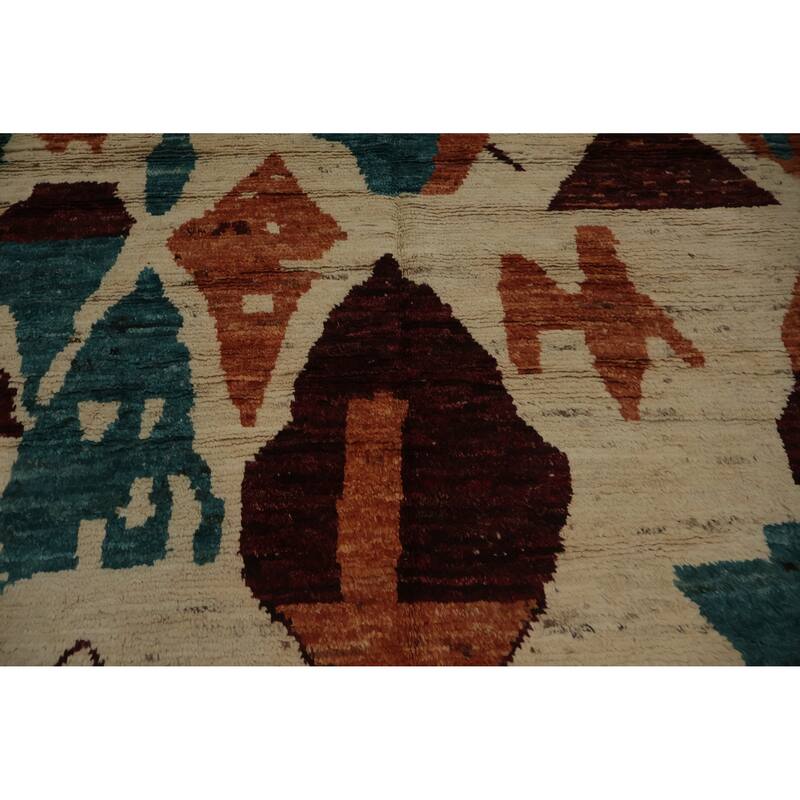 Hand Knotted Oriental 100% Wool Carpet Modern Geometric Beige & Ivories Moroccan Area Rug - 9' 7'' X 6' 10''