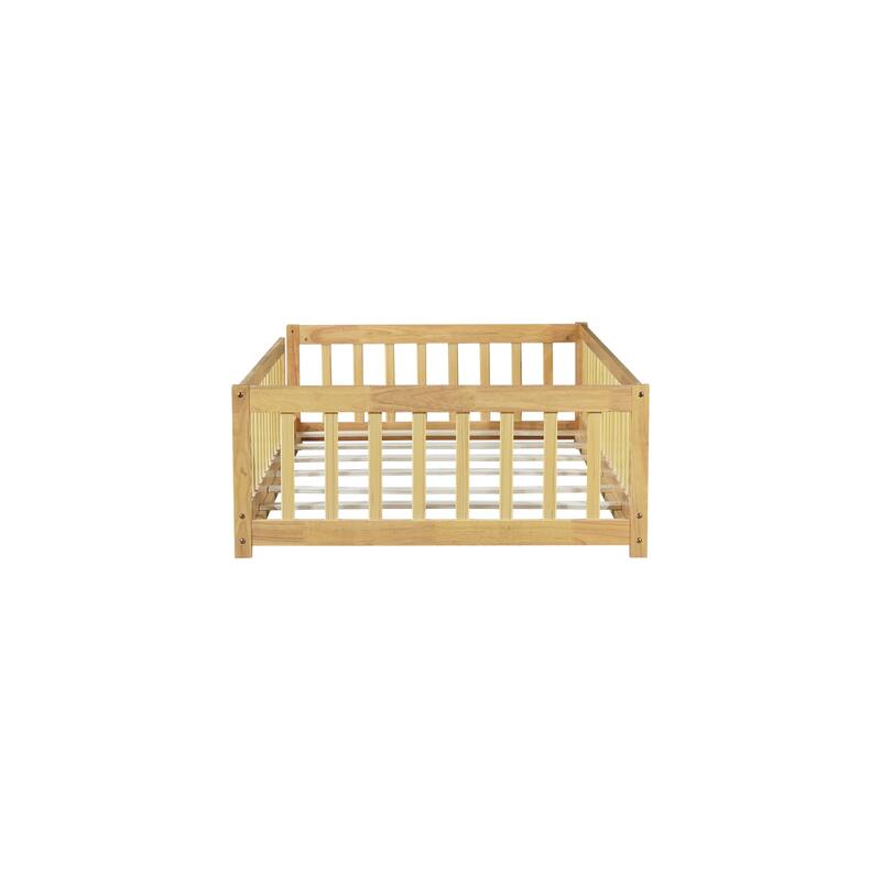 Roomfitters Twin Size Floor Bed with Surround Fence, Rubber Wood Floor Platform Bed with Safety Guardrails and Slats, Natural