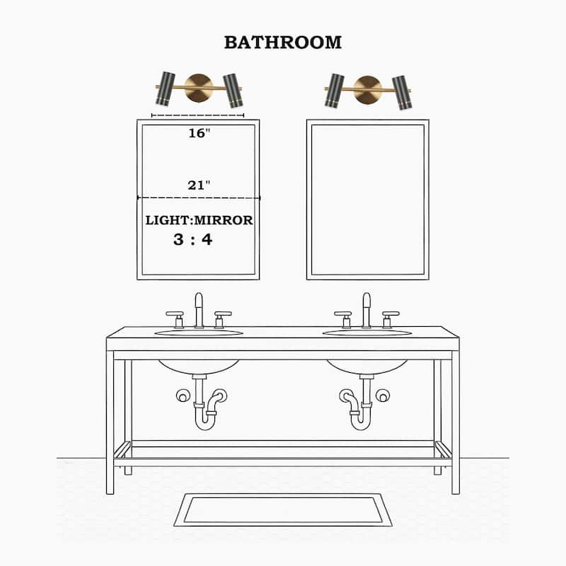 Modern Black Gold 2-Light LED Bathroom Vanity Light with Cylinder Shades - 16" L x 7.5" W x 6.5" H