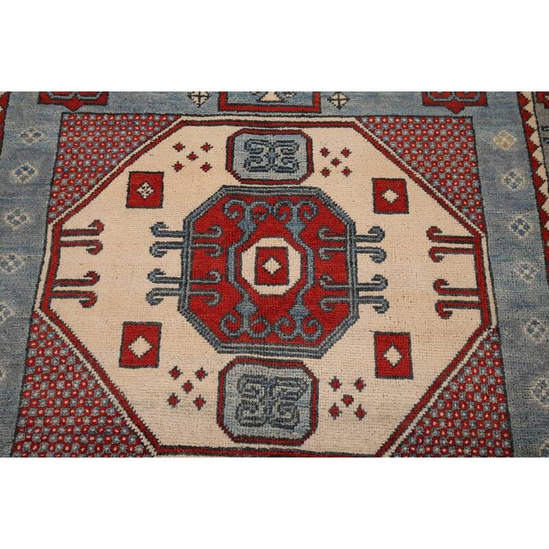 Blue Geometric Kazak Oriental Accent Rug Hand-Knotted Wool Carpet - 3'7" x 5'0"