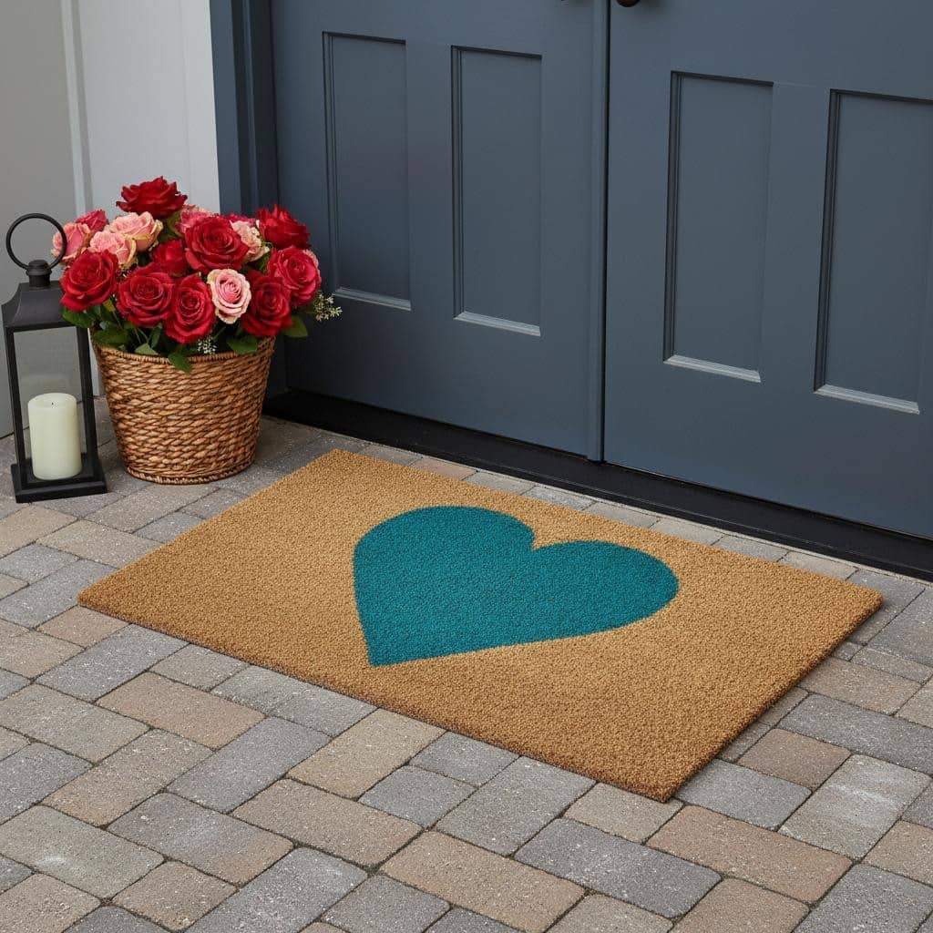 HomeRoots 36" X 72" Brown And Turquoise Heart Outdoor Coir Door Mat - 36.00' X '72.00