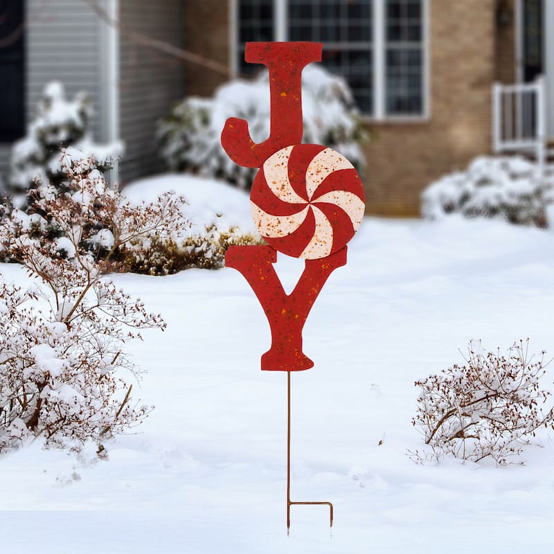 Glitzhome 36"H Christmas Rusty Metal JOY & NOEL Sign Yard Stakes Garden Decor (Two Functions)