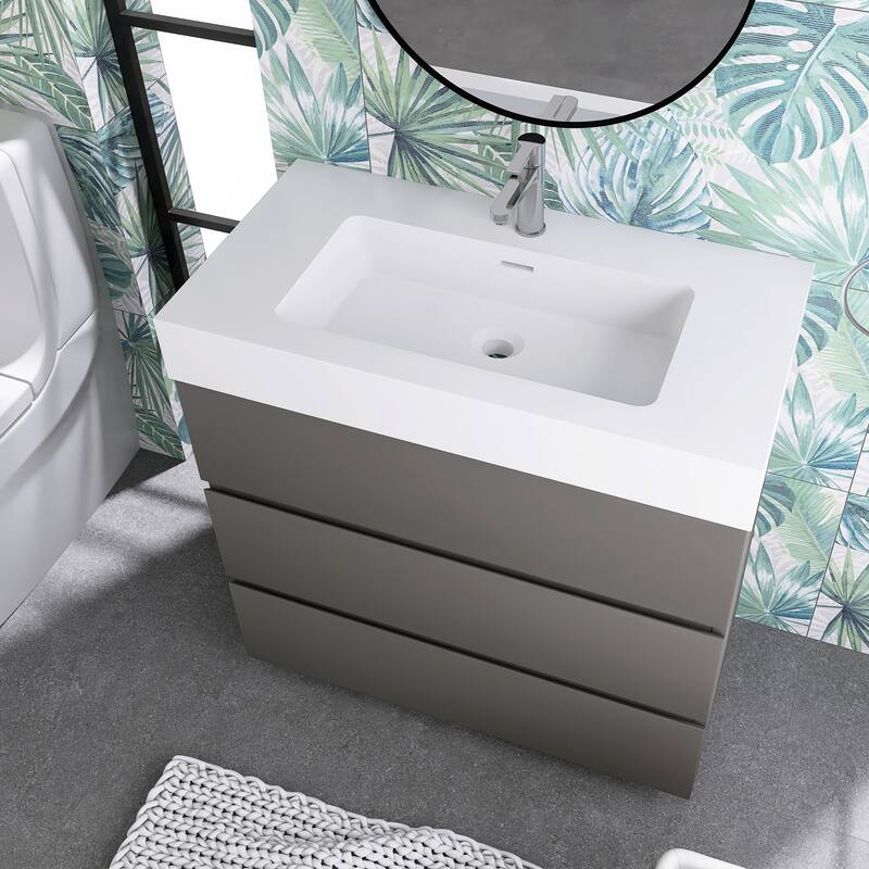 Freestanding Bathroom Vanity with White Solid Surface Top