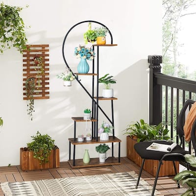 6 Layers Half Heart Iron Wood Plant Stand Flower Pot Stand