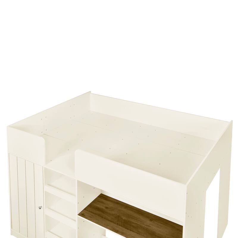 Full Size Loft Bed with Wardrobe, Desk, Shelves, and Drawers in Beige