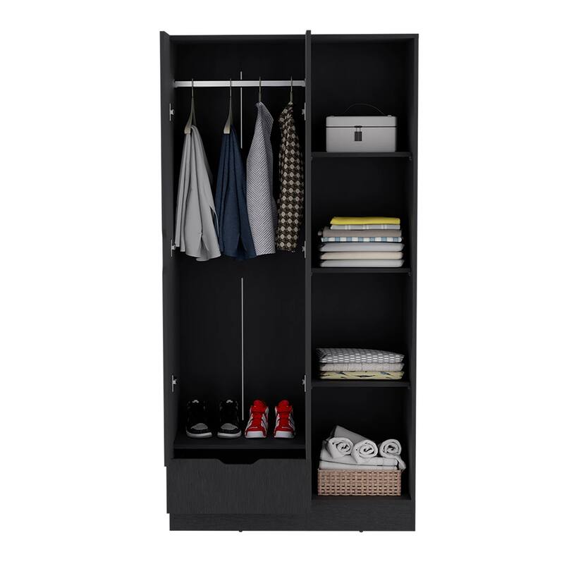 Armoire features four open storage shelves for Bedroom, Black
