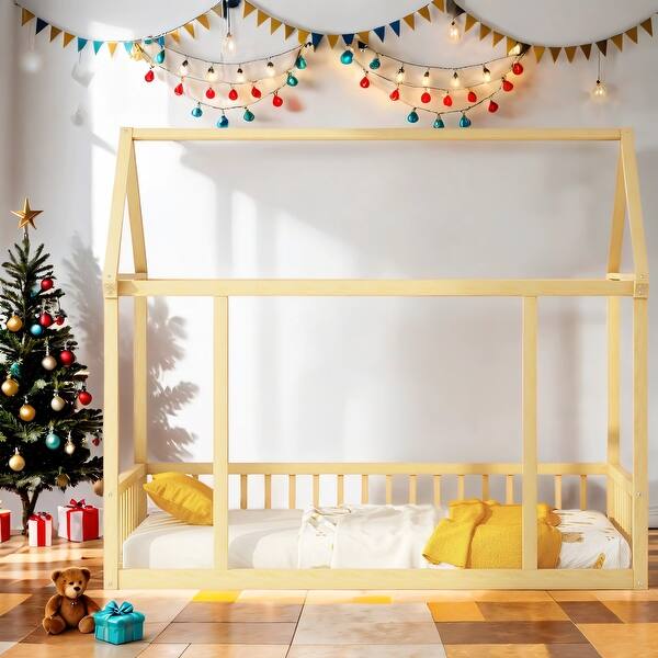 slide 2 of 13, Twin Size Floor Wooden Bed with House Roof and Safety Guardrails Natural