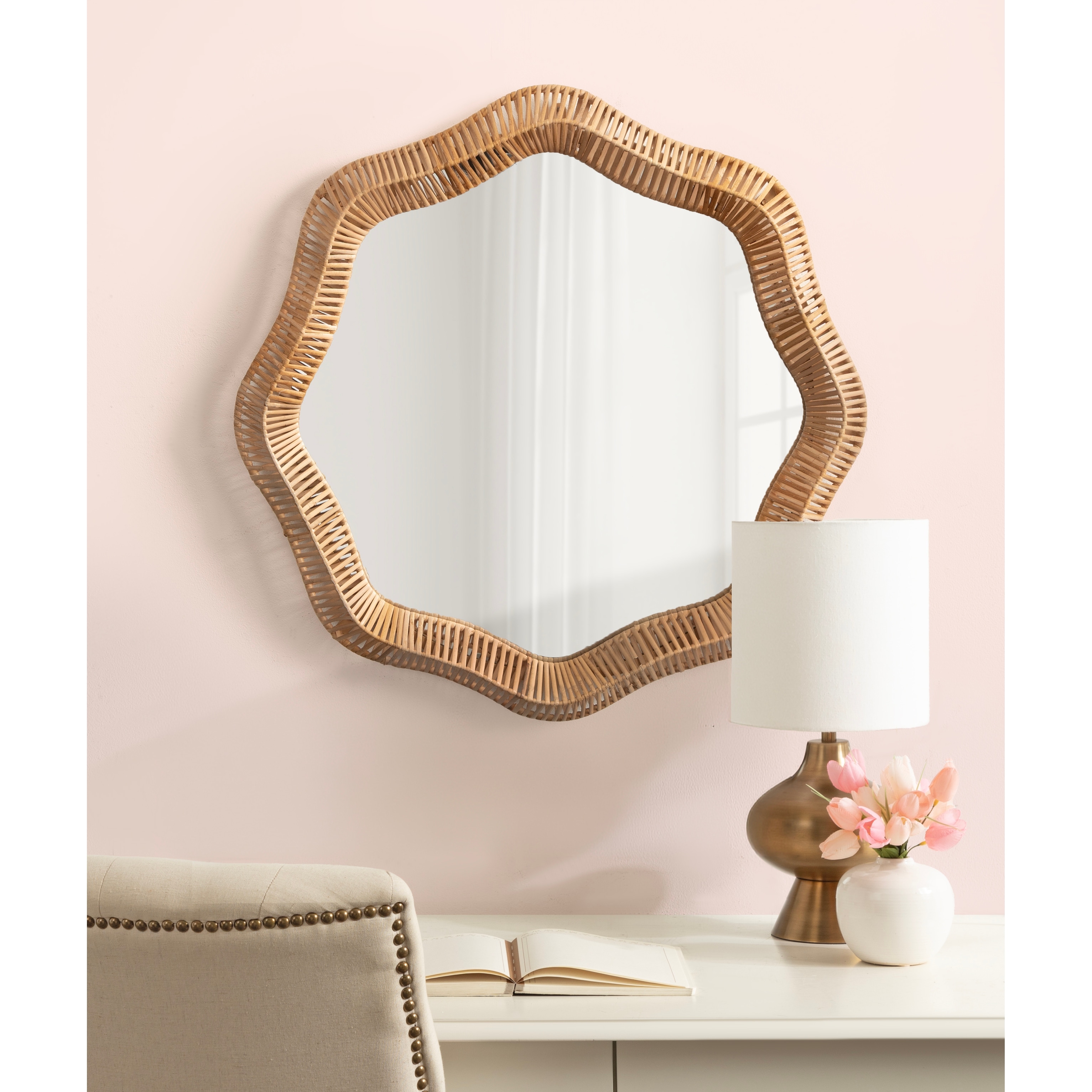 Kate and Laurel Rashana Round Wavy Rattan Wall Mirror - 28" diameter