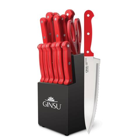Ginsu Kiso Dishwasher Safe Red 14 Piece Set Black Block