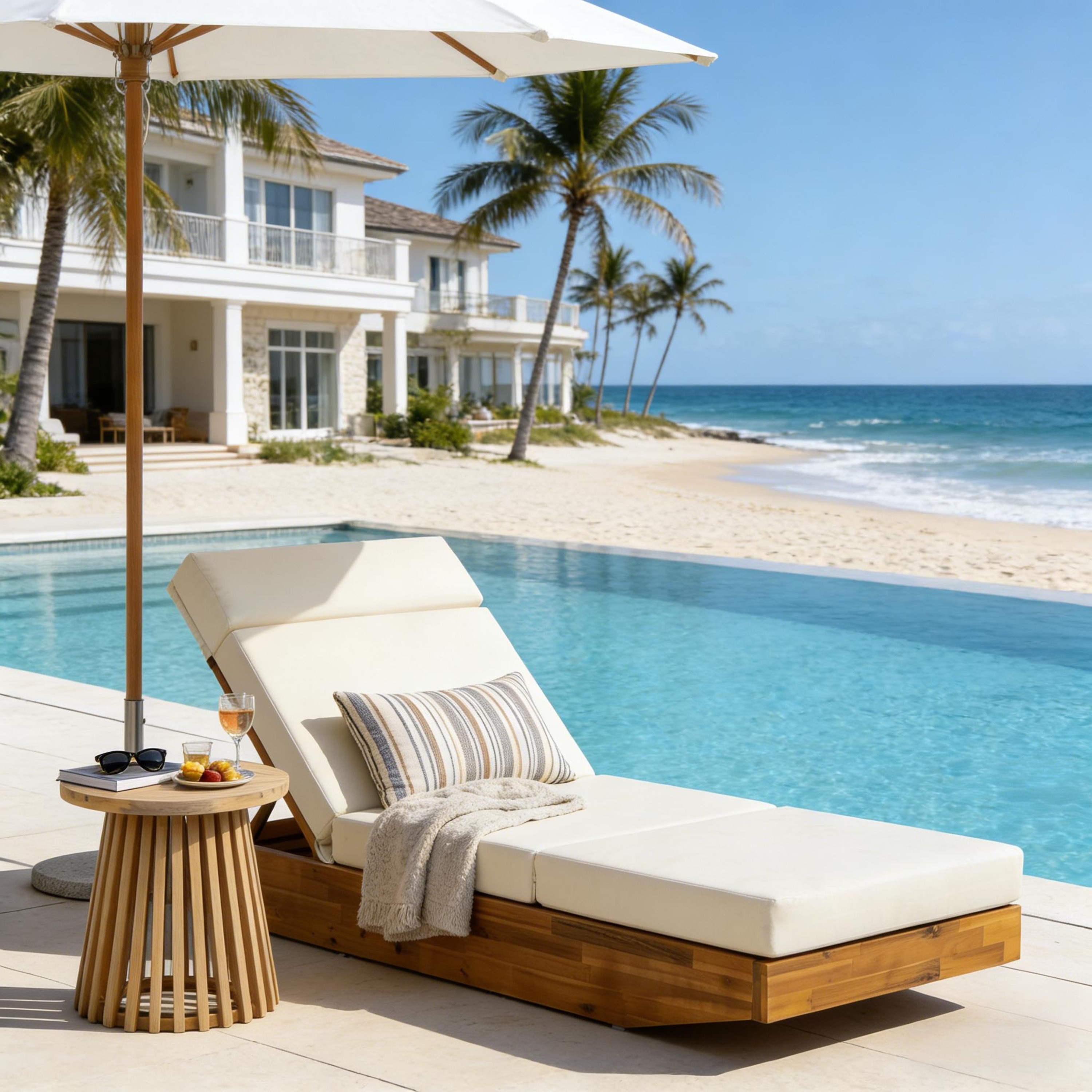 Christopher Knight Home - Outdoor Acacia Wood Chaise Lounge, Water-Repellent Cushion, Ergonomic Adjustable Headrest - 79.6"L