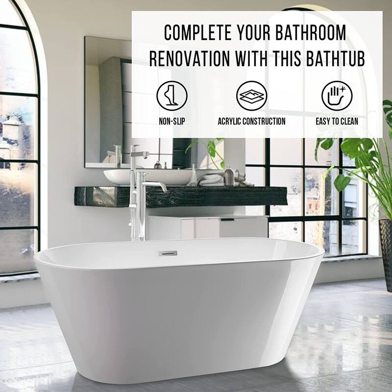 Vanity Art 54" Non-Slip Acrylic Freestanding Soaking Bathtub with Slotted Overflow & Pop-up Drain