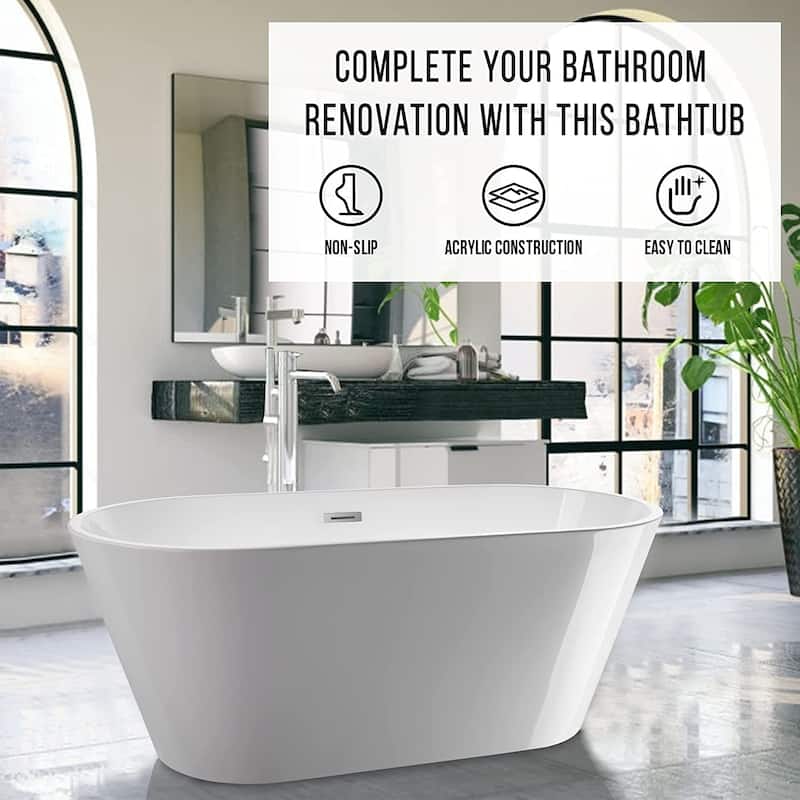 Vanity Art 67" X 32" Non-Slip White Acrylic Freestanding Bathtub
