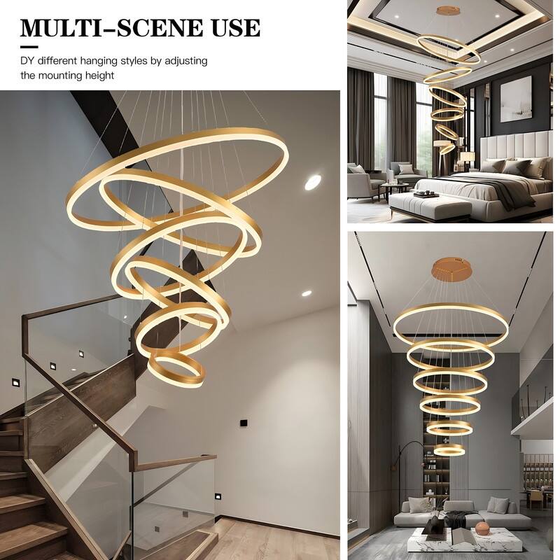 Modern Ring LED Chandelier Large Circle Pendant Light for High Ceilings, Dimmable with Remote - 6 Rings