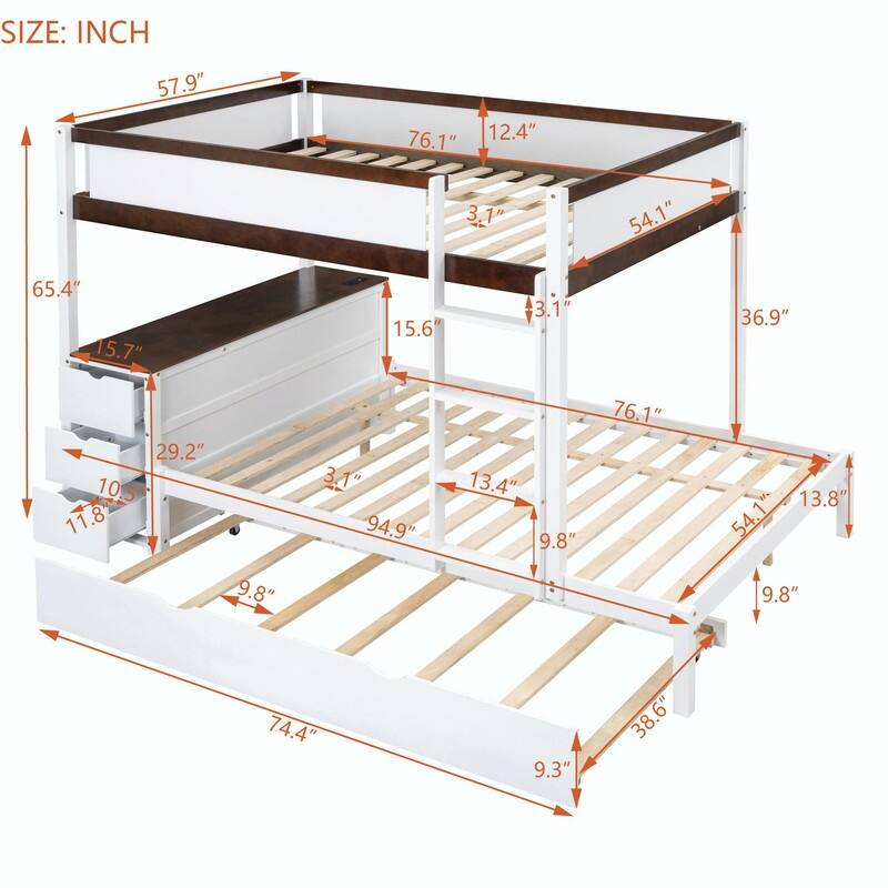 Full-Over-Full Bunk Bed with Twin Trundle, Storage & Built-In Desk
