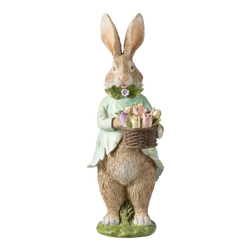Glitzhome Easter Resin Bunny Boy Girl Table Decor with Flower Rabbit Figurine Ornaments