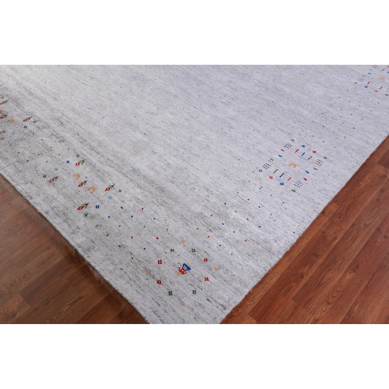 Hand Knotted Oriental Viscose Silk Carpet Tribal Stripe Greys & Charcoal Gabbeh Area Rug - 9' 8'' X 8' 2''