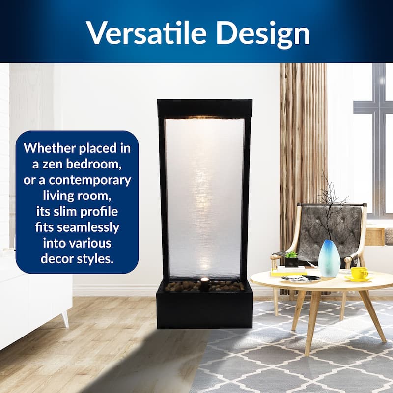 Alpine Corporation MLT170S 48" Indoor/Outdoor Waterfall Fountain with LED, Modern Glass & Aluminum Black Wall Feature