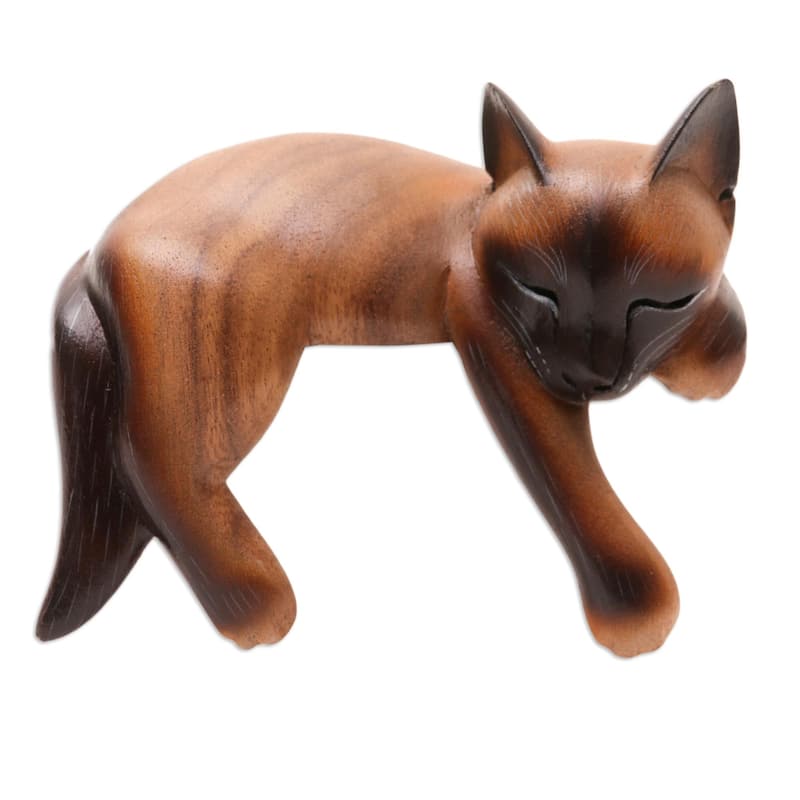 Novica Handmade Sleeping Feline Wood Statuette