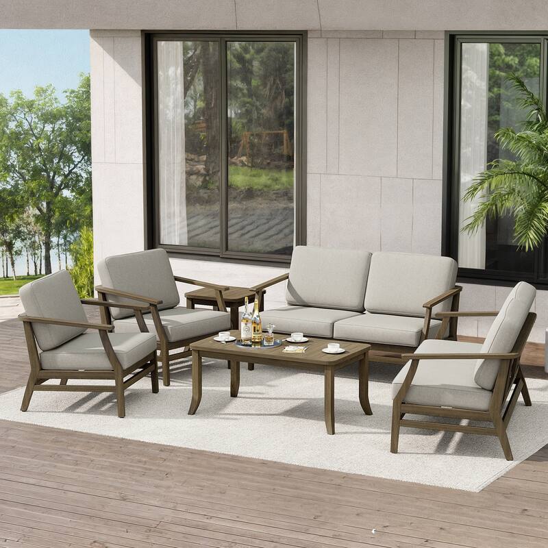 Teak Outdoor Patio Conversation Set with Cushions and Tables (6-Piece) - Light Camel - Natural Wood