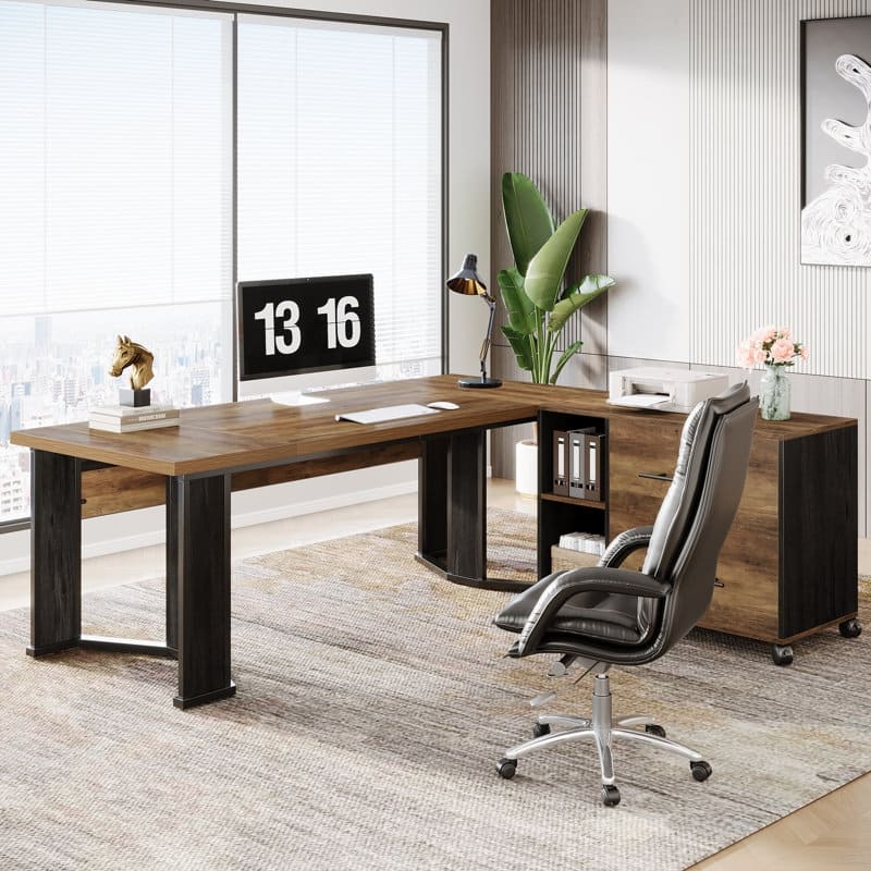 Executive Desk with File Cabinet, Large L Shaped Computer Office Desk with 2 Drawers