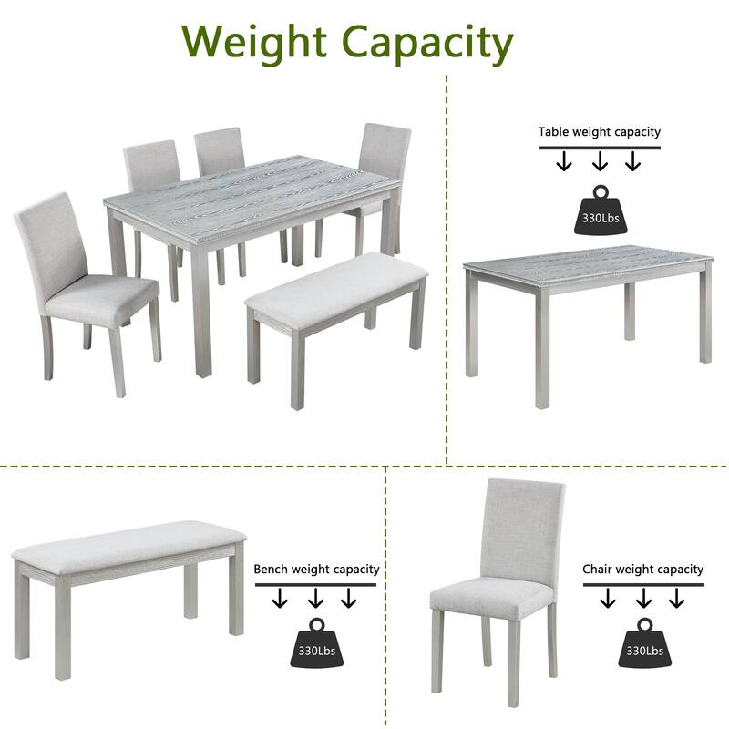 Kitchen Wooden Dining Table Set Rectangular Casual Dining Table with Crystal Accent Table Edge, 4 Dining Chairs, Bench