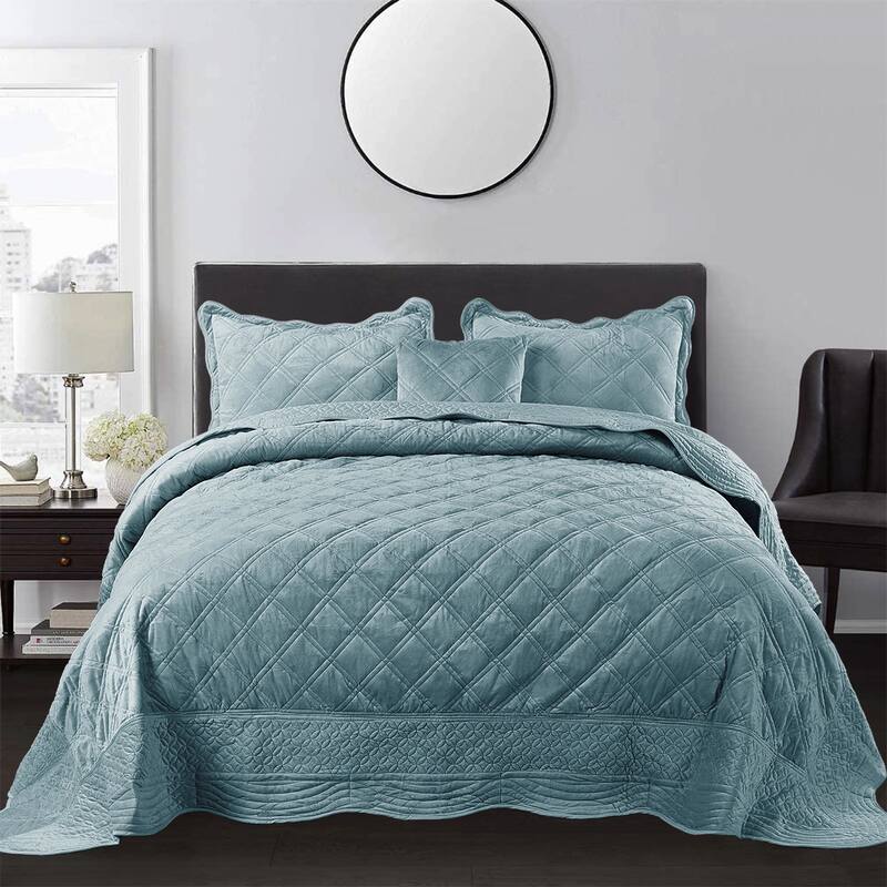 Serenta Supersoft Microplush Quilted 4 Pieces Bedspread Coverlet Set - Silver Blue - Oversized King