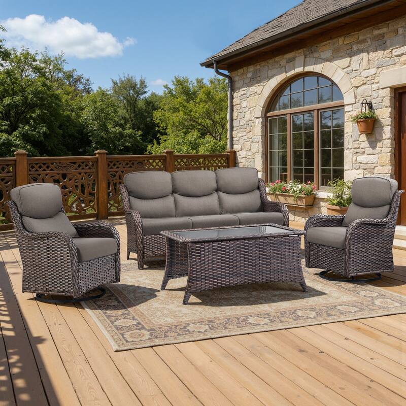 Meyreso 4-Piece Wicker Outdoor Patio Conversation Set with 5-Inch Thick Olefin Cushions - Brown Wicker - Gray Cushions