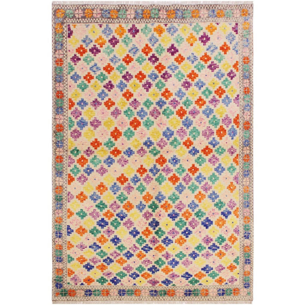 Contemporary Balochi Dejesus Beige/Gray Hand Knotted Wool Rug - 5'5'' x 7'9''