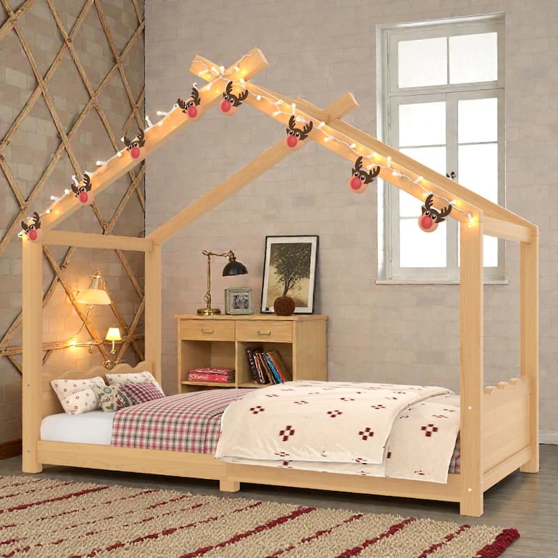Kids Solid Wood House Floor Bed with Support Slats, Montessori Low Profile Bed, No Box Spring Needed