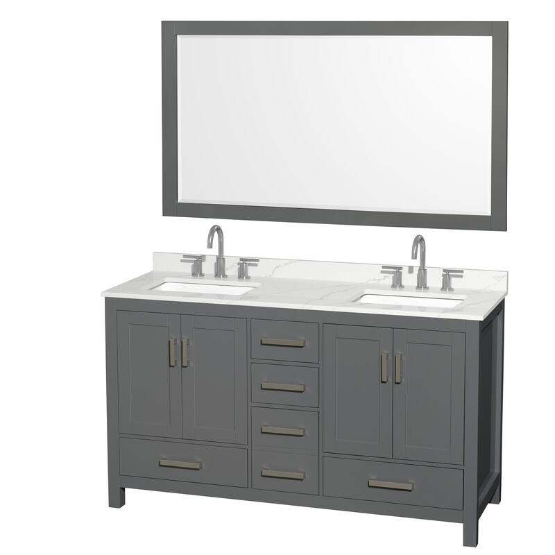 Sheffield 60-inch Double Vanity, 3 Hole Quartz Top, 58-inch Mirror - Dark Gray, Chrome Trim, Giotto Quartz Top