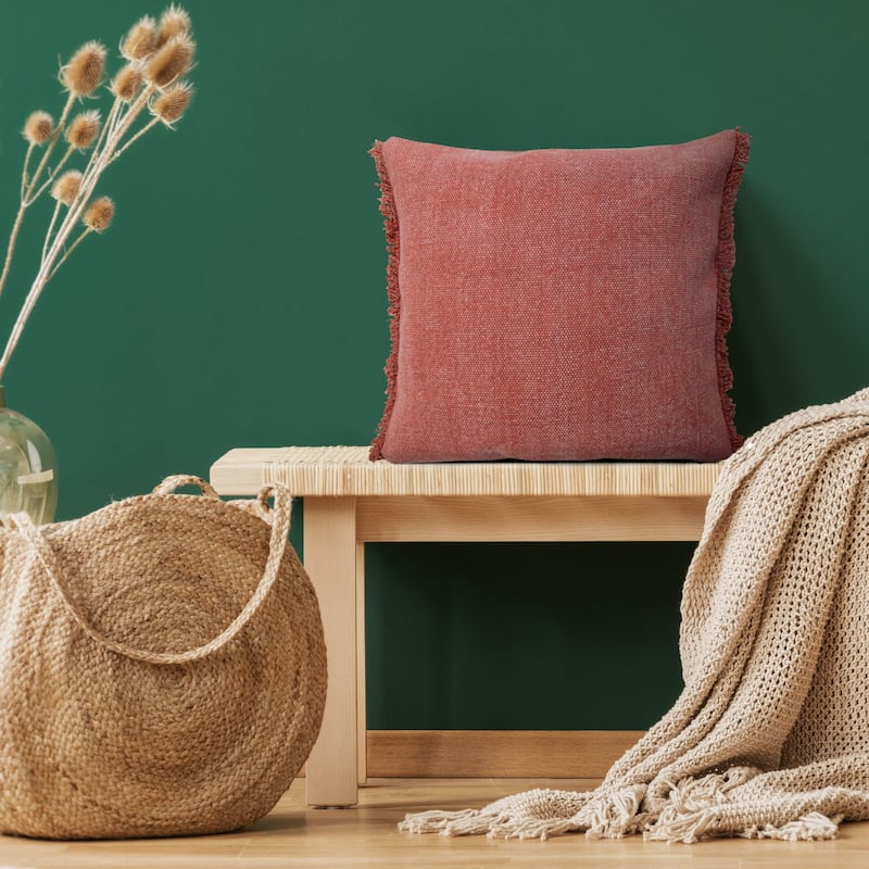 Sevita Light Pink Solid Stonewash Throw Pillow with Fringe